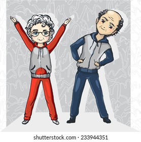 Color drawing two elderly people in sportswear that make exercise/Old couple play sports