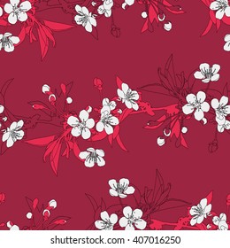 Color drawing vector cherry flowers blossom on vinous background pattern