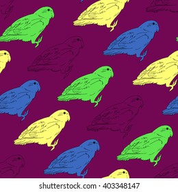 Color drawing vector isolated green, blue and yellow parrots on purple background pattern