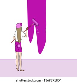 Color drawing in vector, repair of the room; painting the walls, the girl is working