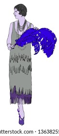 Color drawing of a young lady with a fan of the 20th century
