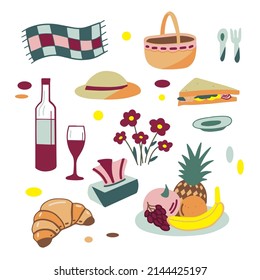 color drawings, a set of picnic elements a basket, a plaid, fruits, dishes, a sandwich, a croissant, a bottle with a glass, napkins, a hat