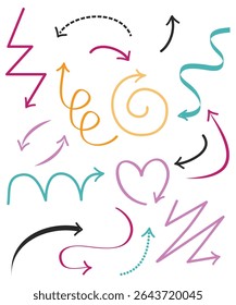 Conjunto de doodle de dibujos animados de Vector de flechas dibujadas a color
