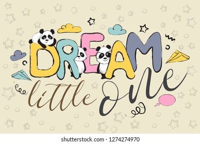 Color Dream little one greeting card design with cute panda bears and quote 