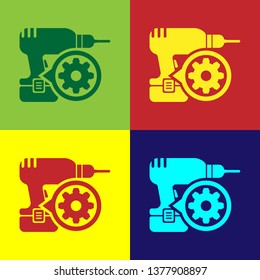 Color Drill machine and gear icon isolated on color backgrounds. Adjusting app, service concept, setting options, maintenance, repair, fixing. Vector Illustration