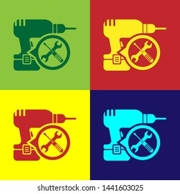 Color Drill machine with screwdriver and wrench icon isolated on color background. Adjusting, service, setting, maintenance, repair, fixing.  Vector Illustration