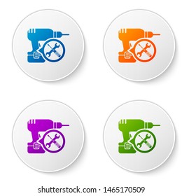 Color Drill machine with screwdriver and wrench icon isolated on white background. Adjusting, service, setting, maintenance, repair, fixing. Set icons in circle buttons. Vector Illustration
