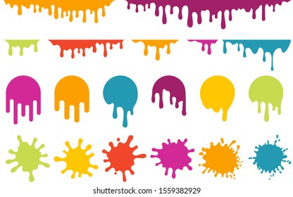 Color dripping paint. Vector ink splashes.  Set of liquid stains isolated on white background. Abstract blobs for borders, frames and logotypes. Colored dripping shapes for creative design and art.