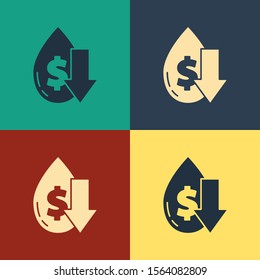 Color Drop in crude oil price icon isolated on color background. Oil industry crisis concept. Vintage style drawing. Vector Illustration