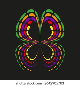 Color drop wings. Butterfly vector form. Rainbow dot symmetry. Black background burst.