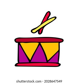 Color drum vector illustration. Hand drawn icon and symbol for print on baby clothes, poster, sticker, card design. Cartoon design elements. 