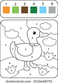 Color the DUCK by numbers. Cartoon Coloring Book for Kids - Education Worksheet