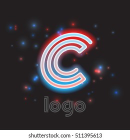 Color dynamic neon font symbol for logo, emblem or text accent. Colorful neon glow logo on stars background. Vector illustration