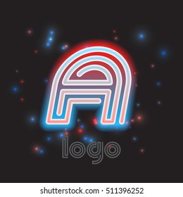 Color dynamic neon font symbol for logo, emblem or text accent. Colorful neon glow logo on stars background. Vector illustration