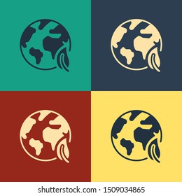 Color Earth globe and leaf icon isolated on color background. World or Earth sign. Geometric shapes. Environmental concept. Vintage style drawing. Vector Illustration