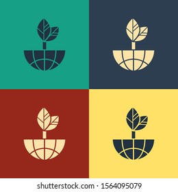 Color Earth globe and leaf icon isolated on color background. World or Earth sign. Geometric shapes. Environmental concept. Vintage style drawing. Vector Illustration