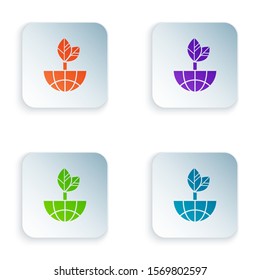 Color Earth globe and leaf icon isolated on white background. World or Earth sign. Geometric shapes. Environmental concept. Set icons in colorful square buttons. Vector Illustration