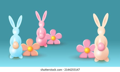 Color Easter bunnies and flowers. Festive Easter figures of rabbits on the  lawn. Happy Easter illustration 