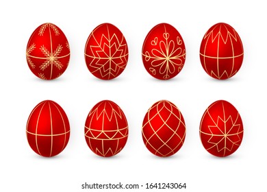 Color Easter egg on white background. Red and white egg paint by beeswax. Vector illustration.