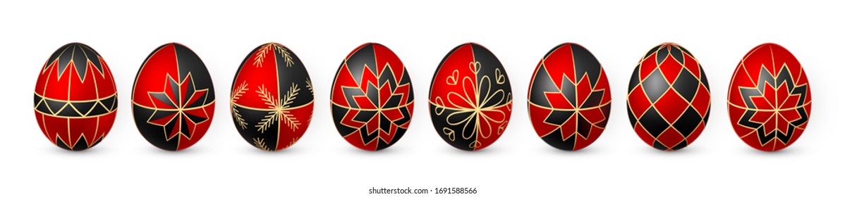 Color Easter egg on white background. Red and black egg paint by beeswax. Vector illustration.