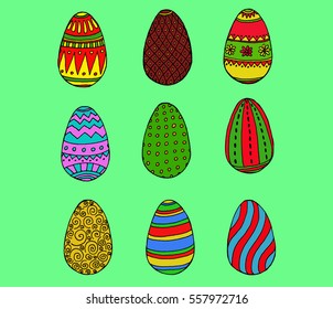  Color Easter eggs collection in doodle style on green background. vector illustration.