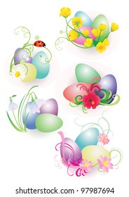color easter eggs with flowers and ladybird set isolated on white