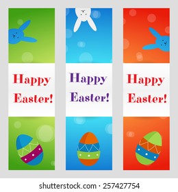 color easter eggs greeting card banner with blue and white  rabbit and label on green, blue and orange  booked background in vertical orientations