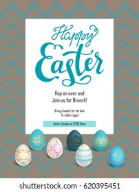 Color Easter eggs with Happy Easter lettering inscription. Easter holiday background for design card, banner, ticket, leaflet, poster and so on.