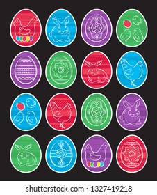 Color Easter eggs isolated on black background. Holiday Easter Eggs decorated with flowers, rabbit, leafs, hen. Color eggs with white frame. Print design, label, sticker, scrap booking, vector 