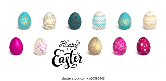 Color Easter eggs set with lettering inscription. 