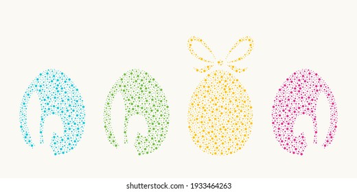 Color easter eggs shapes with bunny ears silhouette. Vector illustration of Easter Eggs drawing by dots different sizes.