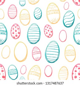 Color easter eggs and specks, flecks, spots seamless vector pattern. Free hand drawn gold Easter background. Hand drawn painted eggs and uneven speckles, chaotic texture.