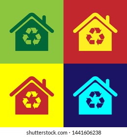 Color Eco House with recycling symbol icon isolated on color backgrounds. Ecology home with recycle arrows. Vector Illustration