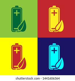 Color Eco nature leaf and battery icon isolated on color backgrounds. Energy based on ecology saving concept. Vector Illustration