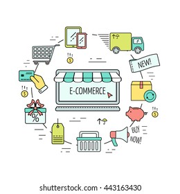 Color e-commerce web design concept. Line icons for website,landing page, infographics. Modern linear vector concept. Flat design. Vector illustration