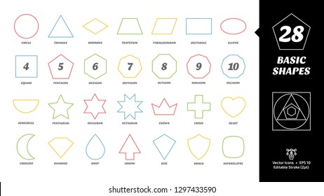 Color editable stroke outline basic simple shape icon set with geometric figures: circle, triangle, square, pentagon, hexagon, heptagon, octagon, nonagon, decagon and more.