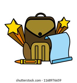 color education backpack and paper with art crayon