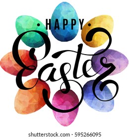 Color eggs frame on white background. Happy Easter text greeting card design template. Modern square illustration.