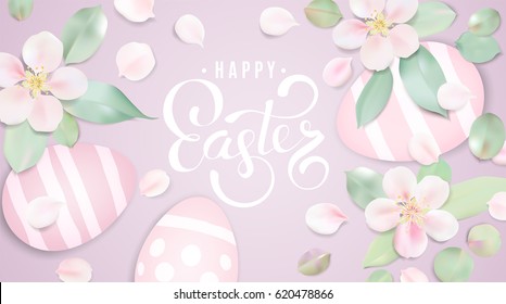Color eggs frame on white background. Happy Easter greeting card design template. Modern horizontal illustration.