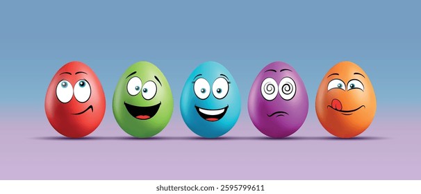Color eggs with funny faces on gradient background. Funny, laughing, smiling, sad, shocked, cute emotions, cartoon smile. Set of eggs emoji. Happy Easter holiday illustration.