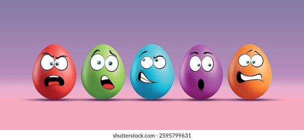 Color eggs with funny faces on gradient background. Angry, playful, surprised emotions, cartoon smile. Set of eggs emoji. Happy Easter holiday illustration.