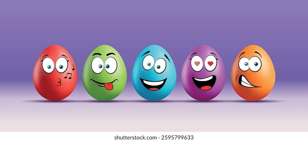 Color eggs with funny faces on gradient background. Funny, laughing, smiling, enamored, playful, whistling emotions, cartoon smile. Set of eggs emoji. Happy Easter holiday illustration.