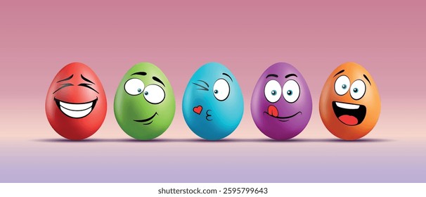 Color eggs with funny faces on gradient background. Funny, laughing, smiling, playful, cute emotions, cartoon smile. Set of eggs emoji. Happy Easter holiday illustration.