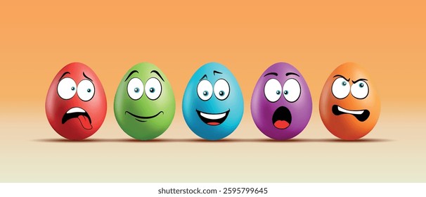 Color eggs with funny faces on gradient background. Funny, laughing, smiling, sad, irritated emotions, cartoon smile. Set of eggs emoji. Happy Easter holiday illustration.