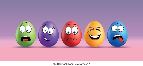 Color eggs with funny faces on gradient background. Funny, laughing, smiling, sad, tired, irritated, shocked emotions, cartoon smile. Set of eggs emoji. Happy Easter holiday illustration.