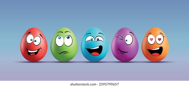 Color eggs with funny faces on gradient background. Funny, laughing, smiling, sad, enamored, winking emotions, cartoon smile. Set of eggs emoji. Happy Easter holiday illustration.