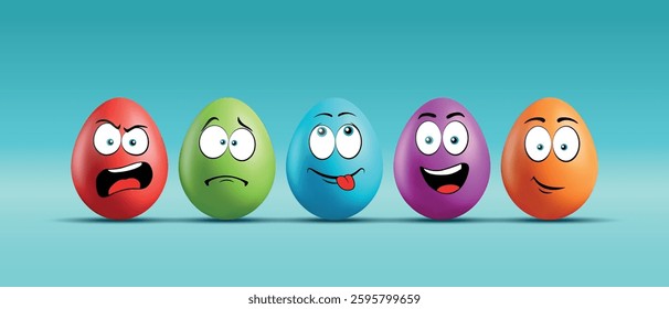 Color eggs with funny faces on gradient background. Funny, laughing, smiling, sad, playful, angry emotions, cartoon smile. Set of eggs emoji. Happy Easter holiday illustration.