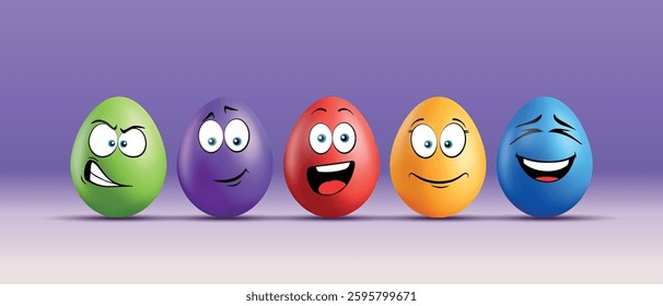 Color eggs with funny faces on gradient background. Funny, laughing, angry, smiling, cute emotions, cartoon smile. Set of eggs emoji. Happy Easter holiday illustration. 