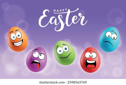 Color eggs with funny faces on gradient background. Funny, laughing, smiling, sad, angry, tired emotions, cartoon smile. Set of eggs emoji poster. Happy Easter holiday banner illustration.