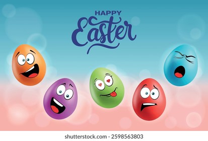 Color eggs with funny faces on gradient background. Funny, laughing, smiling, yawning emotions, cartoon smile. Set of eggs emoji poster. Happy Easter holiday banner illustration.